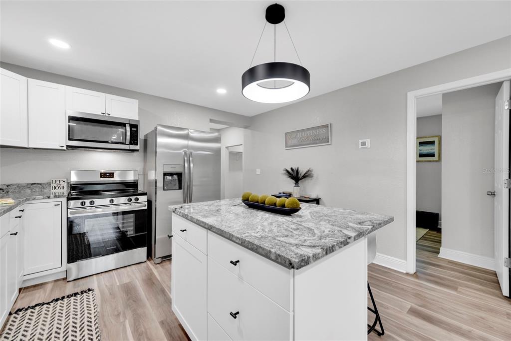A kitchen features white cabinetry, stainless steel appliances, a granite-topped island, and light wood flooring — 429 E OAKWOOD STREET, TARPON SPRINGS, FL