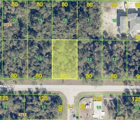 This aerial map shows a highlighted vacant residential lot surrounded by wooded parcels and streets — 17182 GEOFFREY AVENUE, PORT CHARLOTTE, FL