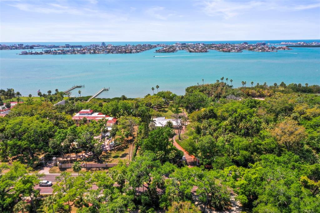 An aerial view shows a large waterfront estate surrounded by dense trees and a pier — 1600 PARK STREET N, ST PETERSBURG, FL