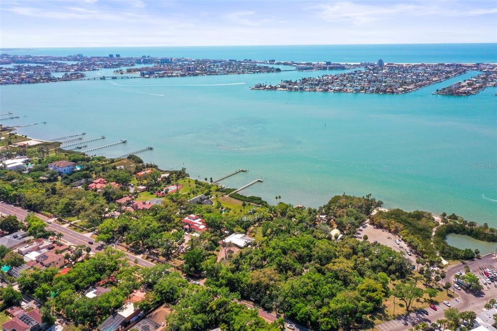 An aerial view shows a coastal property with lush trees, a private dock, and water — 1600 PARK STREET N, ST PETERSBURG, FL
