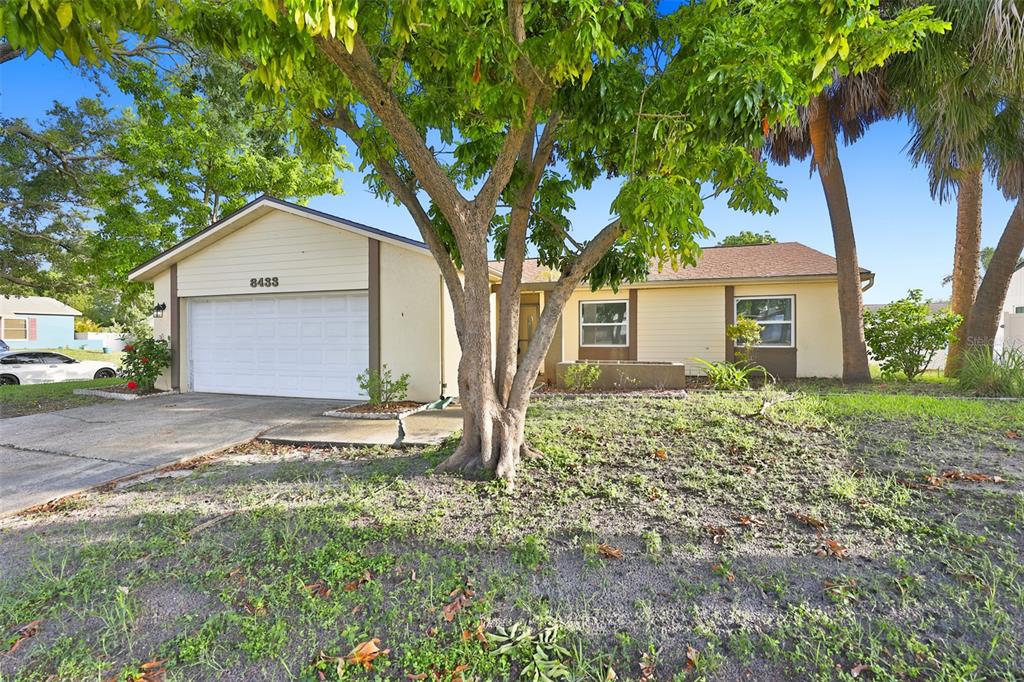 A single-story house with a two-car garage, light siding, and a large tree in front — 8433 SOMERSET DRIVE, LARGO, FL