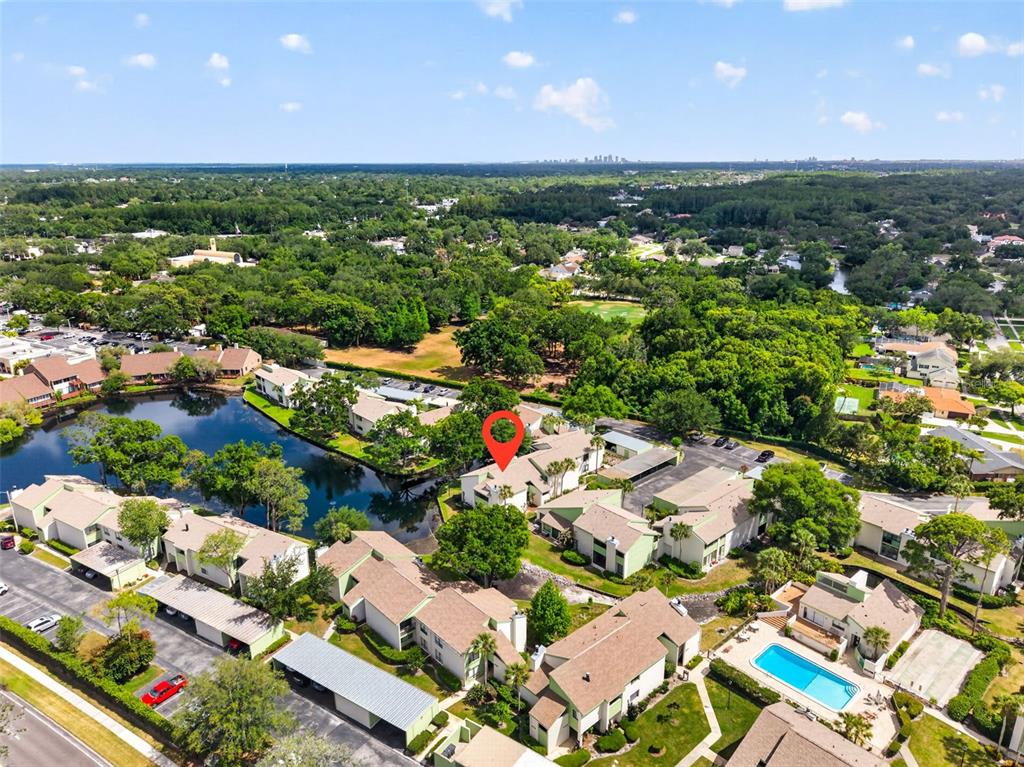 An aerial view shows a multi-unit residential complex with a pool and a pond — 13405 PINE LAKE WAY UNIT 203, TAMPA, FL