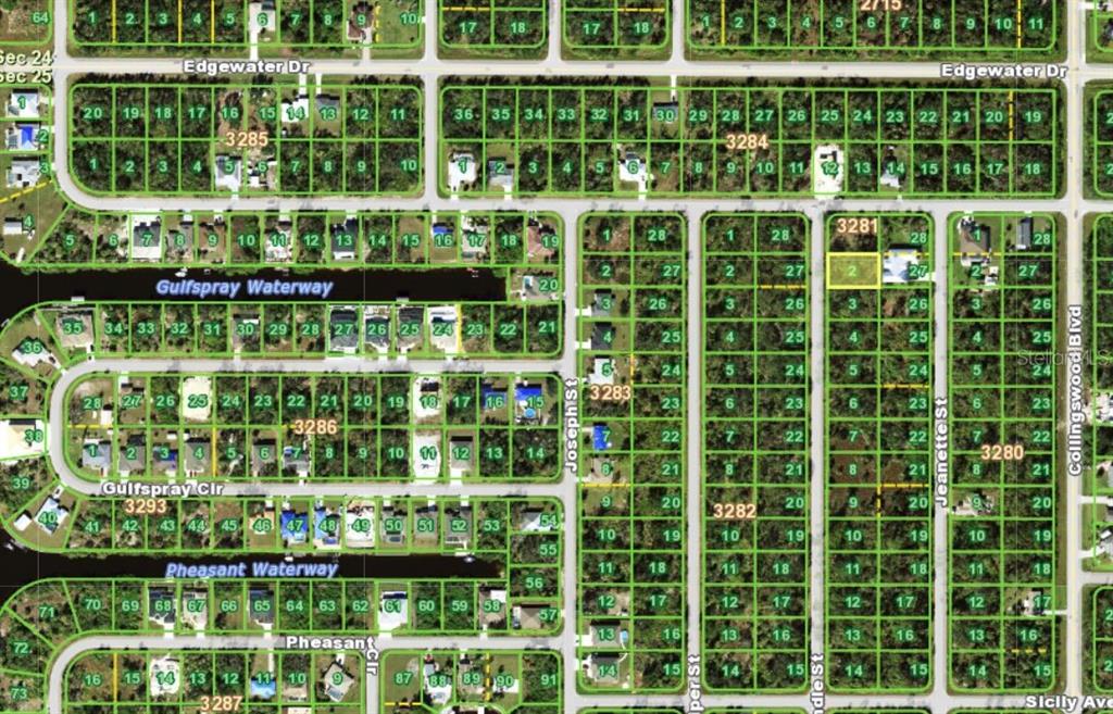 This is an aerial map showing residential lots and waterways in a suburban neighborhood — 4050 BRENDLE STREET, PORT CHARLOTTE, FL