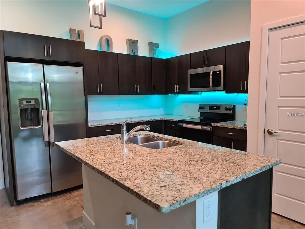 A kitchen features dark cabinetry, granite countertops, a stainless steel refrigerator, and vibrant blue lighting — 4146 GAUGE LINE LOOP, TAMPA, FL