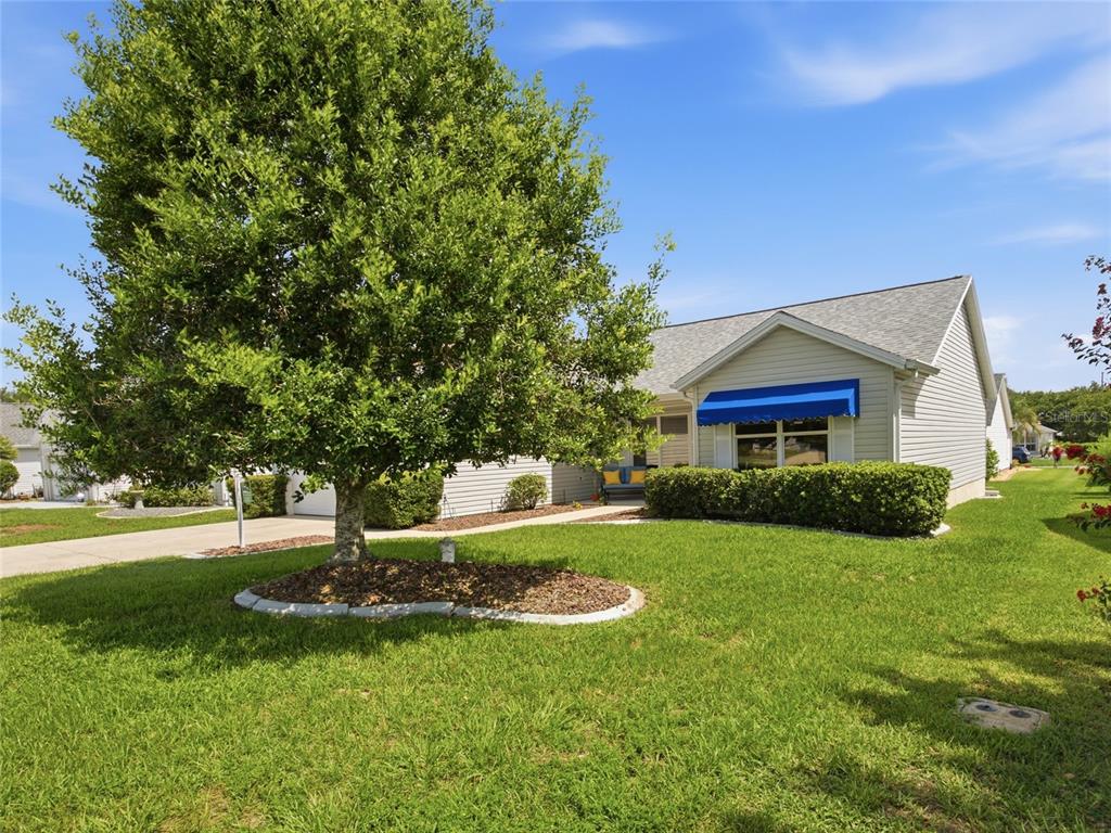 A single-story house with light siding, a blue window awning, and a large front tree — 2707 LA POSADA DRIVE, THE VILLAGES, FL