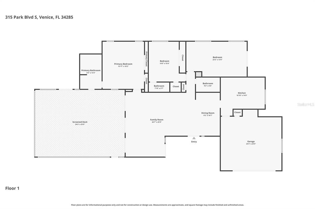 This is a floor plan for a single-story house featuring a large screened deck — 315 PARK BOULEVARD S, VENICE, FL