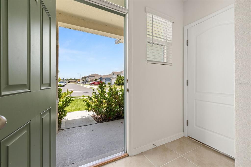 An open green front door reveals a view of a suburban street and neighborhood homes — 2842 WATERLILY WAY, KISSIMMEE, FL