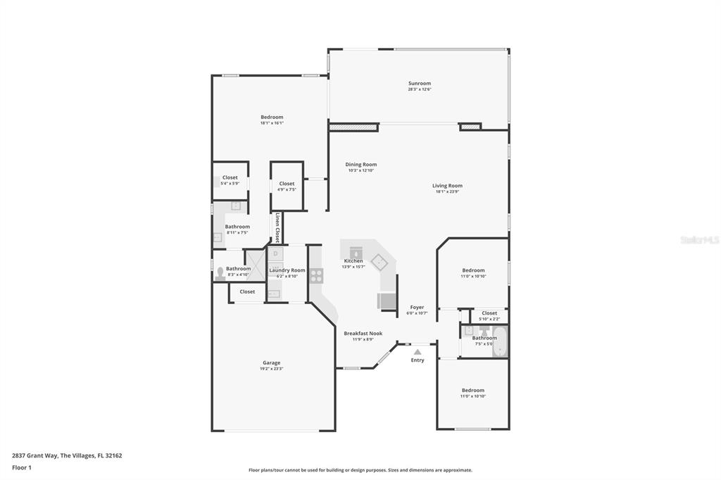 This is a floor plan for a single-story residential home with a garage — 2837 GRANT WAY, THE VILLAGES, FL