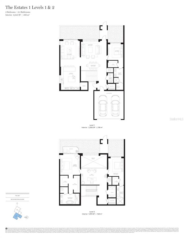 This is a floor plan for a two-level residential unit with three bedrooms and 3.5 bathrooms — 3015 S YSABELLA AVENUE UNIT TH5, TAMPA, FL
