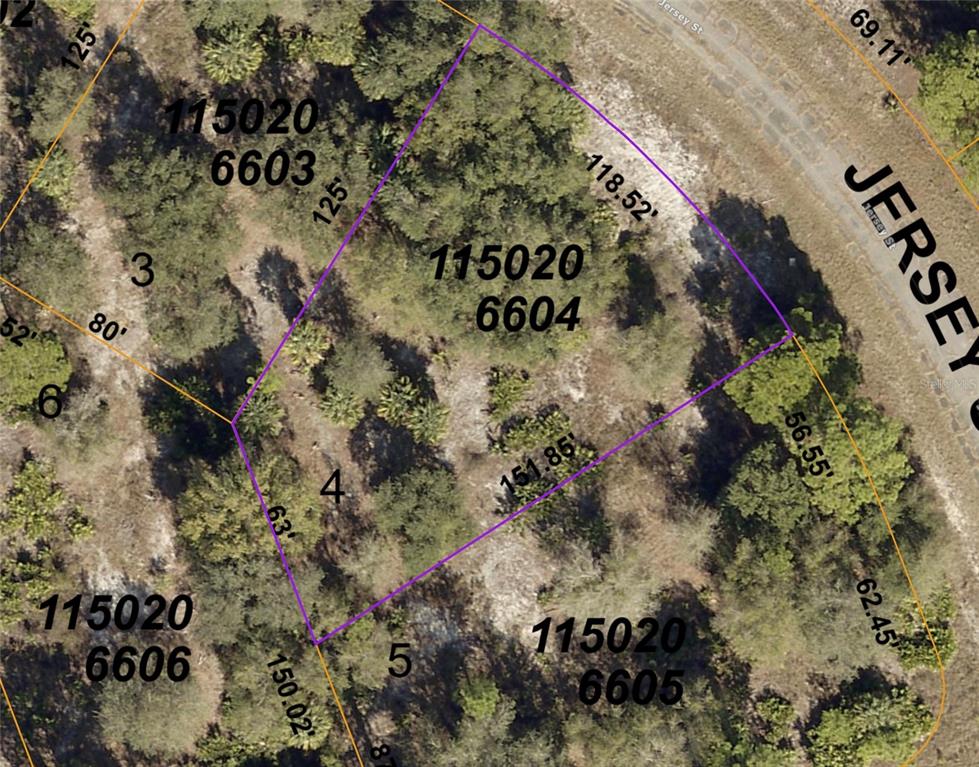This is a satellite map showing property lot lines and dimensions for a vacant land parcel — JERSEY STREET, NORTH PORT, FL
