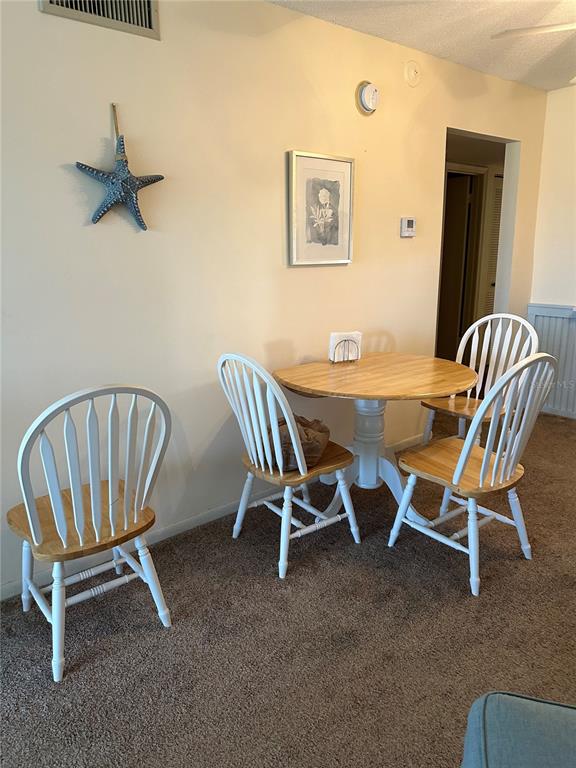 A dining area features a round wooden table with four white spindle-back chairs on carpet — 6219 PALMA DEL MAR BOULEVARD S UNIT 210, ST PETERSBURG, FL