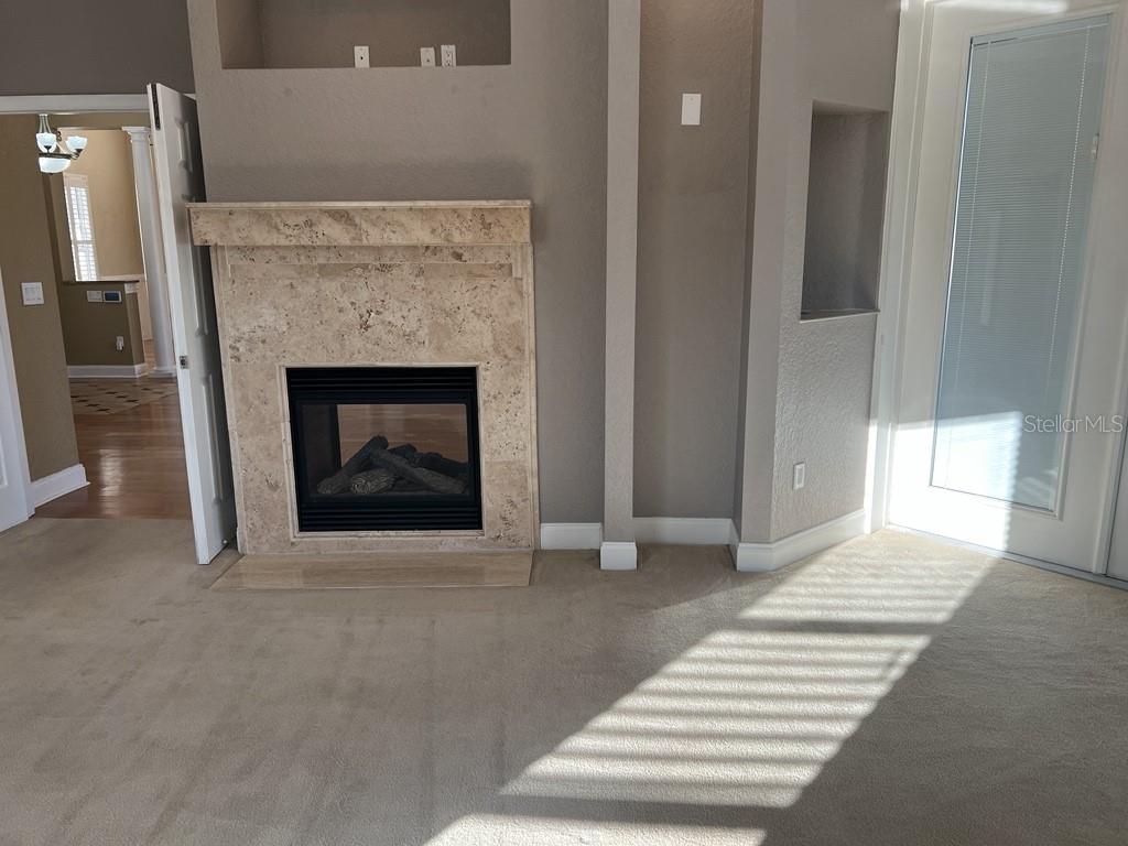 A living room features a beige carpet, a stone fireplace, and a glass-paned door — 1035 SW 33RD PLACE, OCALA, FL