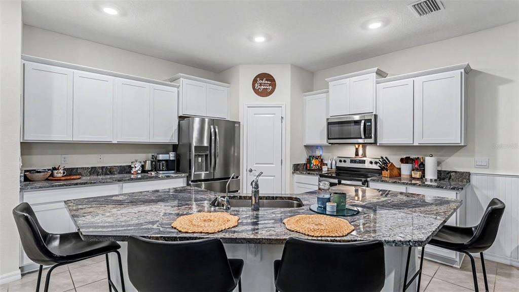 A kitchen features white cabinets, dark granite countertops, a large island, and stainless steel appliances — 3817 STORMY THISTLE PLACE, PLANT CITY, FL