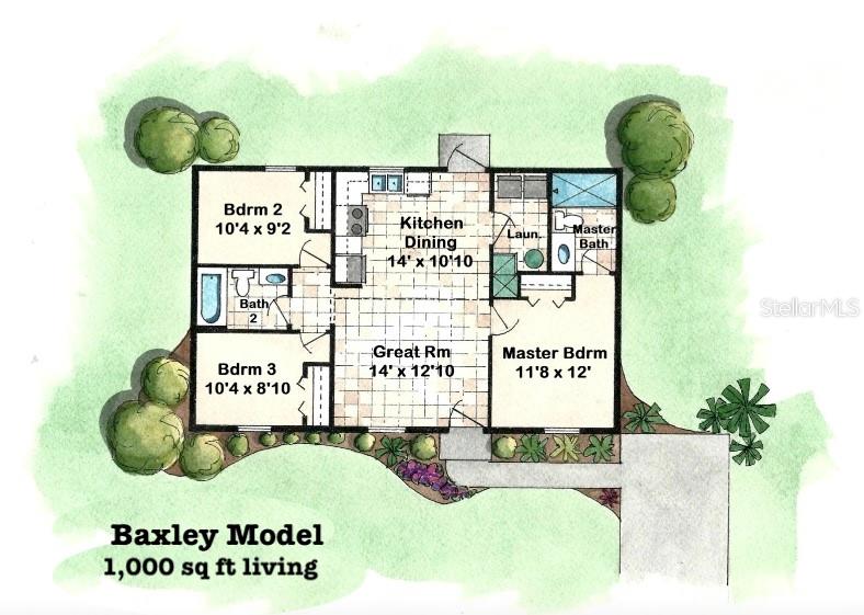 This floor plan shows a three-bedroom, two-bathroom home with an open kitchen and great room — 14703 SW 23RD PLACE, OCALA, FL