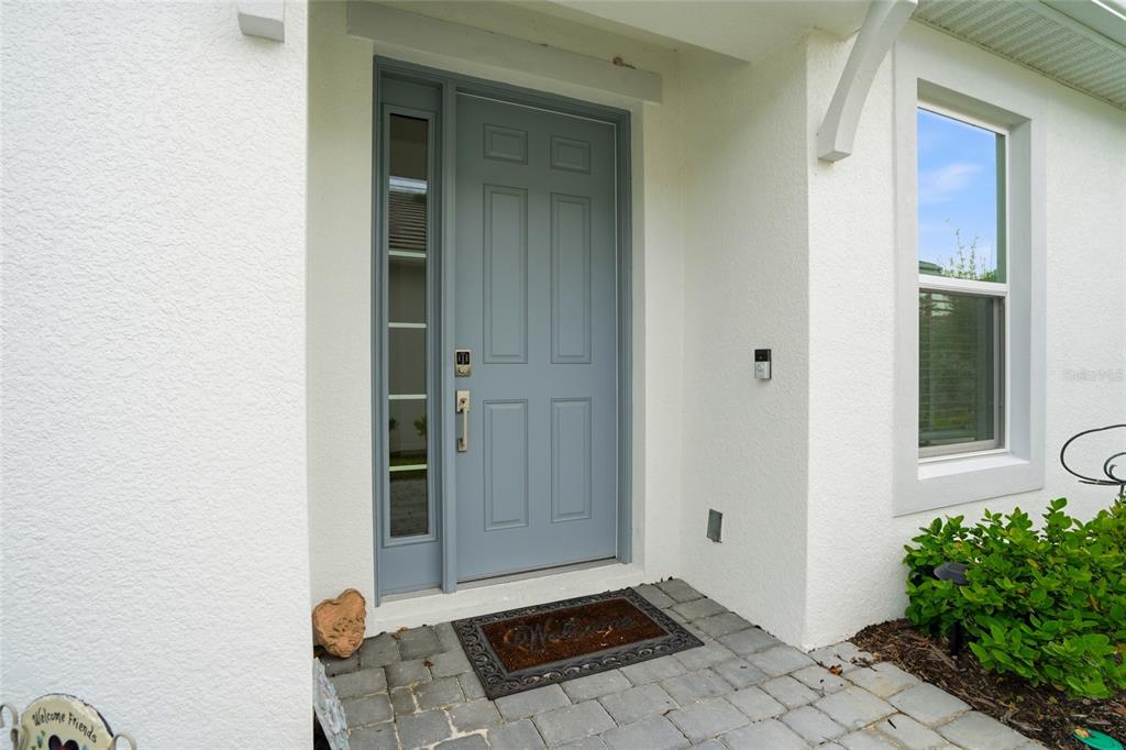 A light blue front door with a side window sits on a paved entryway — 4718 GAROFALO ROAD, WESLEY CHAPEL, FL