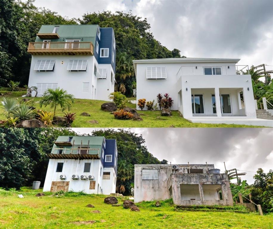 A split-image comparison shows the exterior renovation of two adjacent houses on a grassy hillside — 9966 CARRETERA, RIO GRANDE, PR