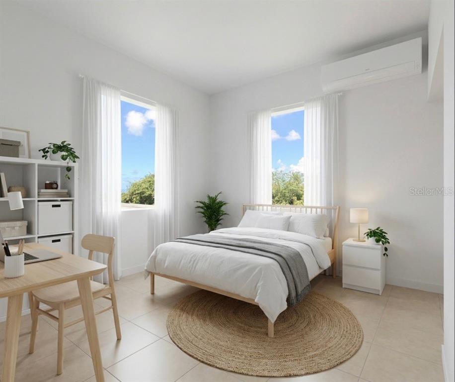 This is a digital rendering of a bright bedroom featuring a bed, desk, and windows — 9966 CARRETERA, RIO GRANDE, PR