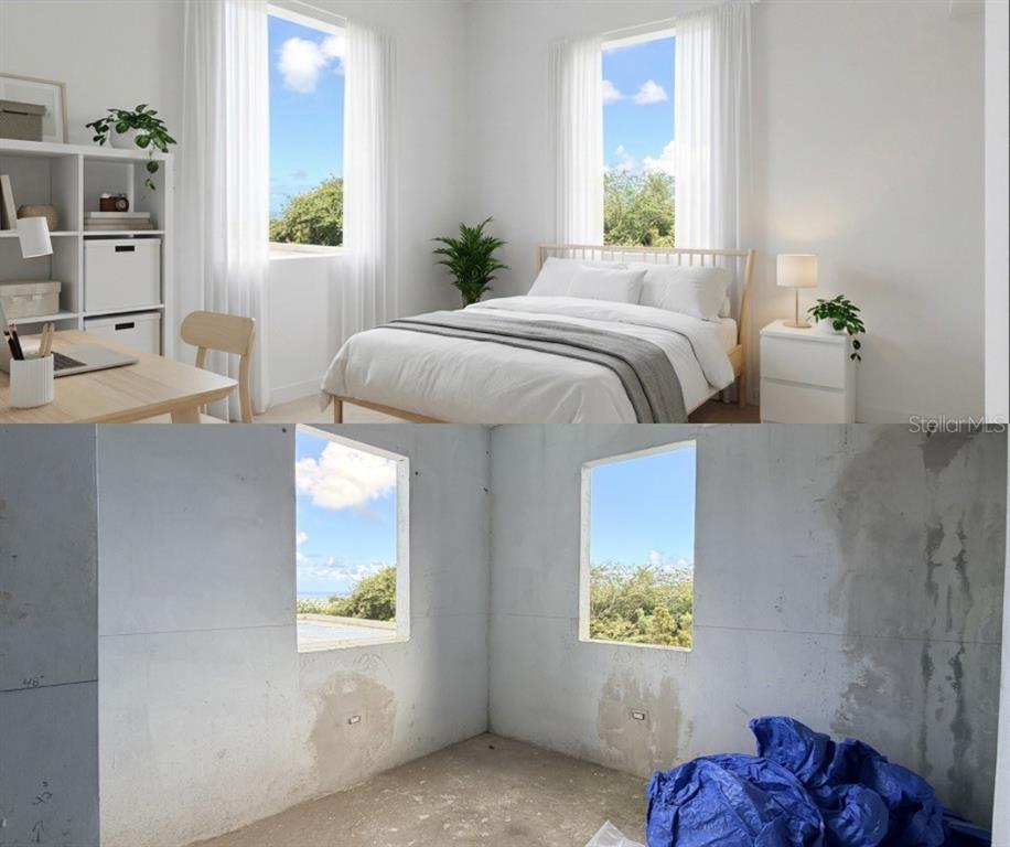 This split image shows a bedroom rendering above and the unfinished concrete room below — 9966 CARRETERA, RIO GRANDE, PR
