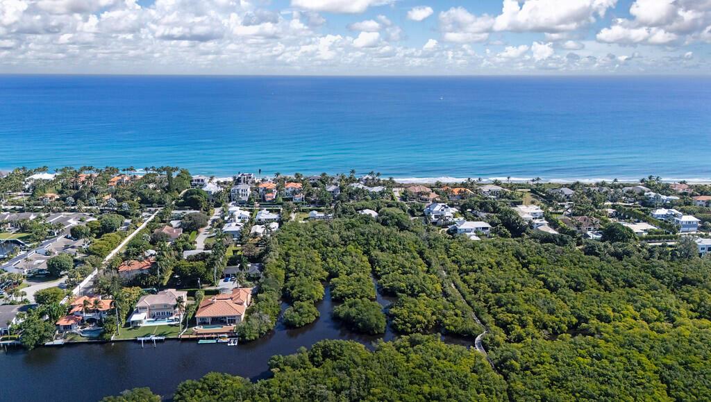 An aerial view shows waterfront homes surrounded by dense trees near a blue ocean — 6064 N Ocean Boulevard, Ocean Ridge FL 33435, OCEAN RIDGE, FL