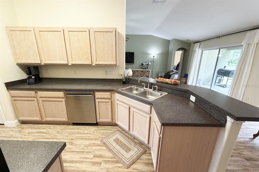 A kitchen features light wood cabinets, dark countertops, a stainless steel dishwasher, and wood-look flooring — 1 SLEEPING BEAUTY PLACE, PALM COAST, FL