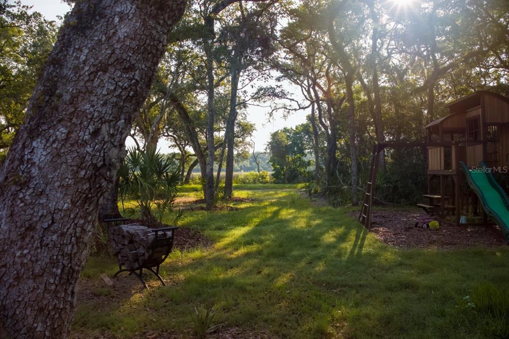 A backyard features a wooden playset, a firewood rack, and trees overlooking a grassy area — 10 LEXINGTON COURT, FLAGLER BEACH, FL