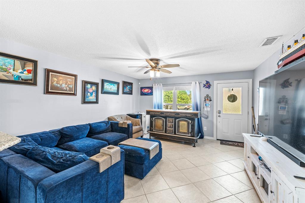 A living room features a blue sectional sofa, a wooden bar, and a large television — 5316 W IDAHO STREET, TAMPA, FL