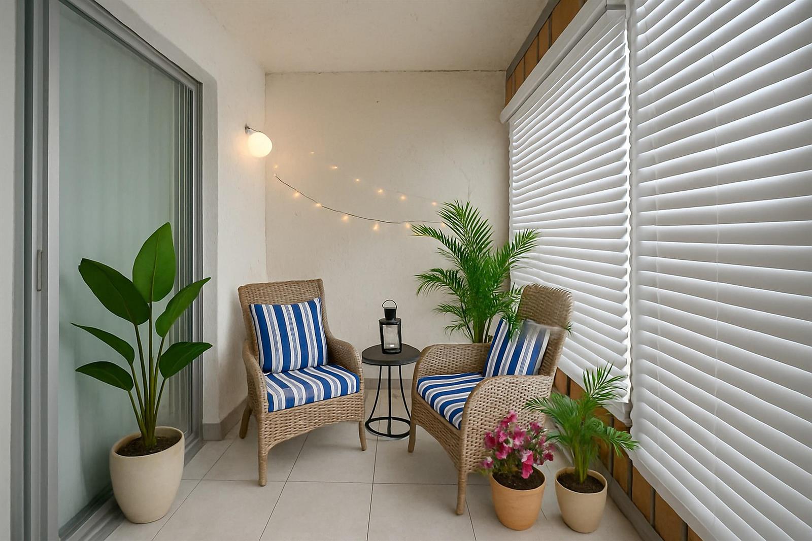 A balcony features two wicker chairs with blue striped cushions, a small table, and potted plants — 6670 Royal Palm Boulevard # 314k, Margate FL 33063, MARGATE, FL