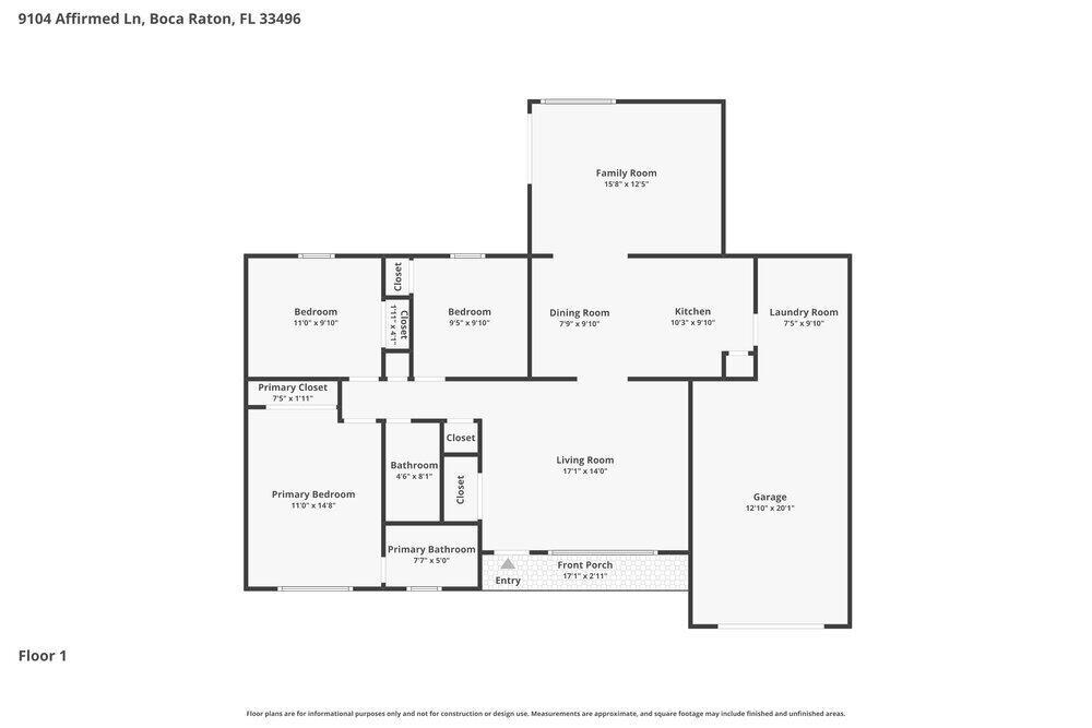 This is a floor plan for a single-story house with a garage and front porch — BOCA RATON, FL