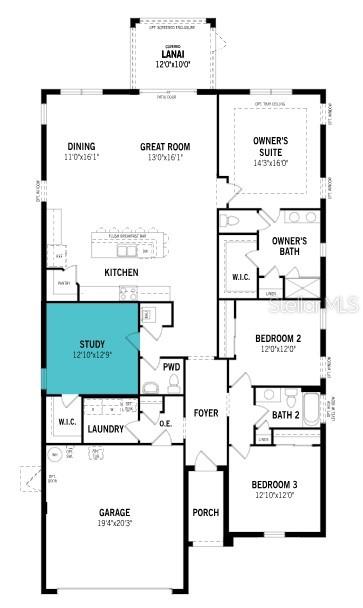This is a floor plan for a single-story house featuring three bedrooms, a study, and a garage — 12238 NEW TRANQUILITY PATH, VENICE, FL