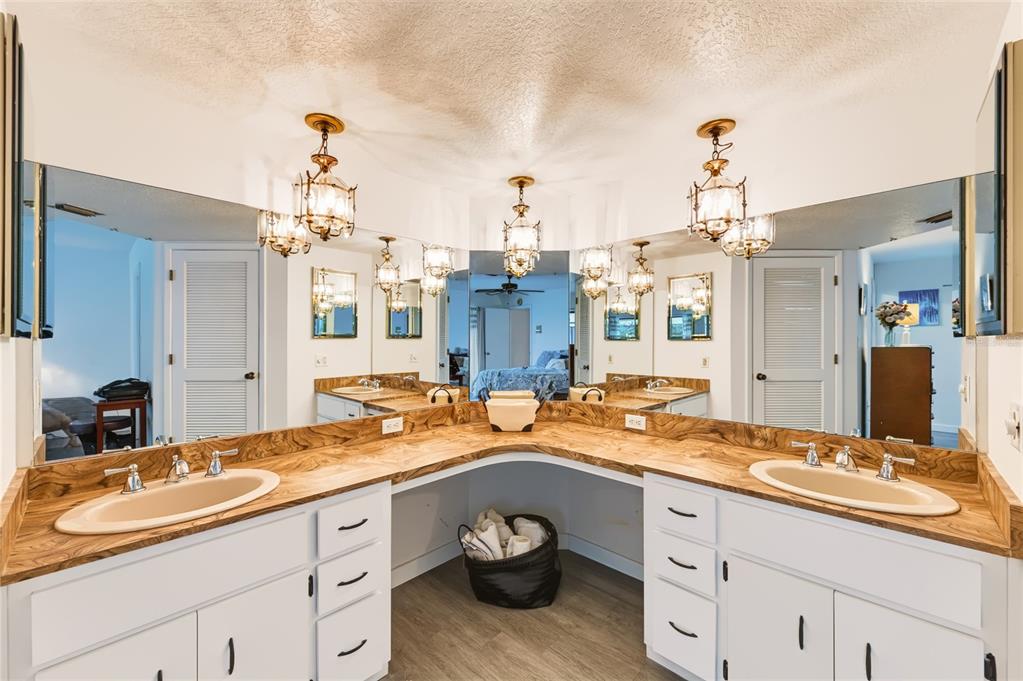 A bathroom features a double vanity with white cabinets, wood-look countertops, and a large mirror — 9520 LAKE CHRISTINA LANE, PORT RICHEY, FL