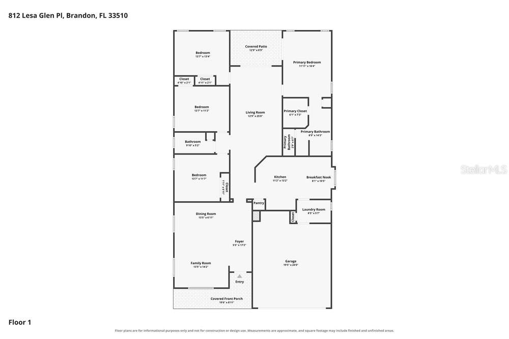 This is a floor plan showing the layout of a single-story residential home — 812 LESA GLEN PLACE, BRANDON, FL