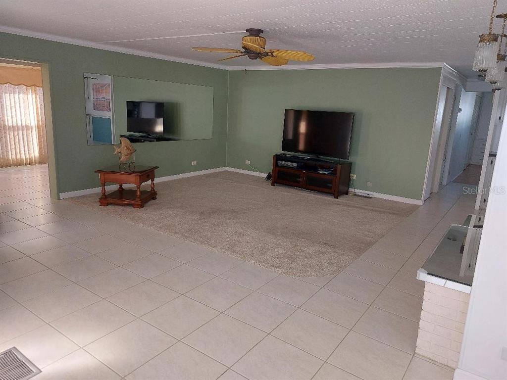 A living room features light green walls, a carpeted area, tile flooring, and a ceiling fan — 269 SALEM AVENUE UNIT 9, PALM HARBOR, FL