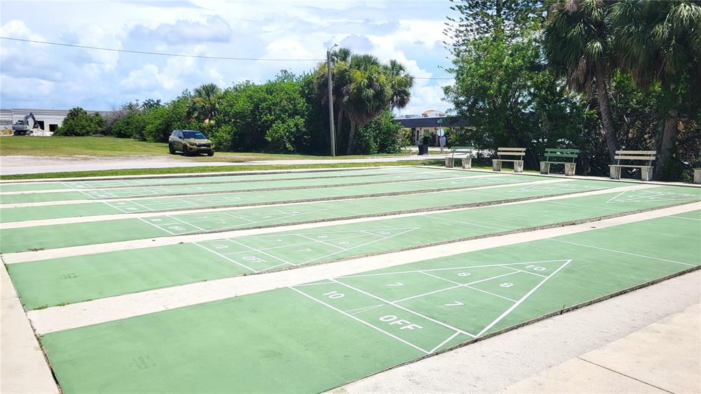 Several outdoor shuffleboard courts are situated on a paved area near trees and benches — 4913 GETNER STREET, NEW PORT RICHEY, FL
