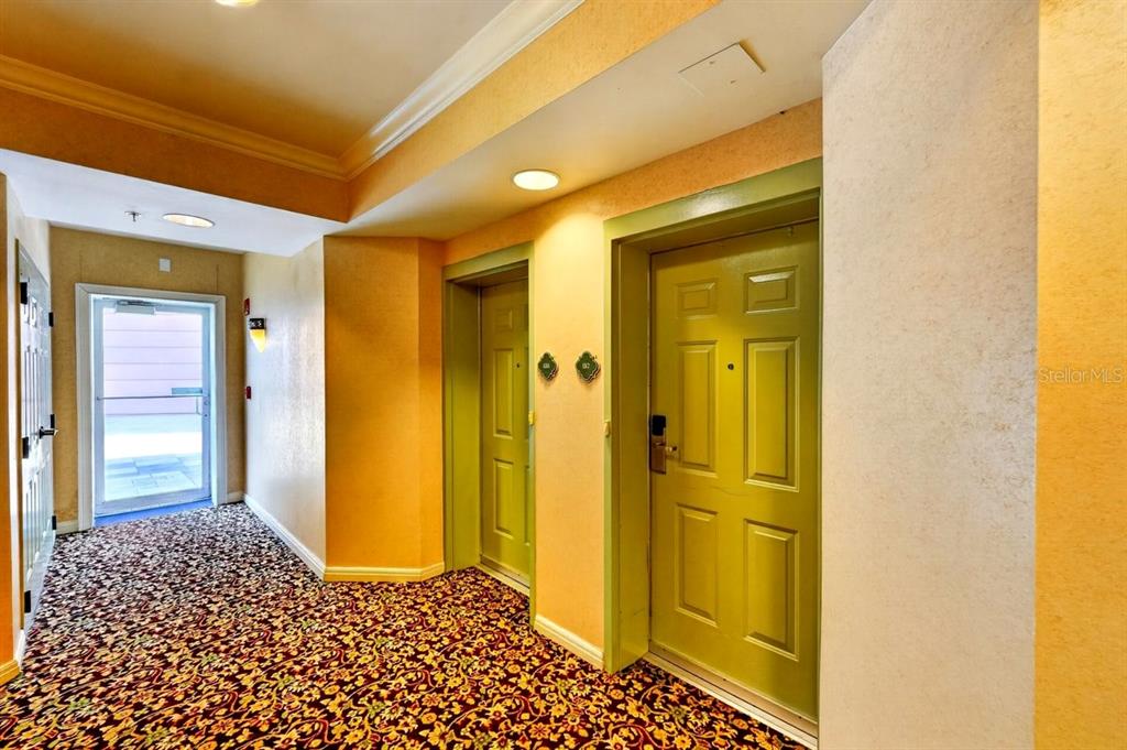 A hallway with patterned carpet features two green doors and a glass exterior door — 200 OCEAN CREST DRIVE UNIT 137, PALM COAST, FL