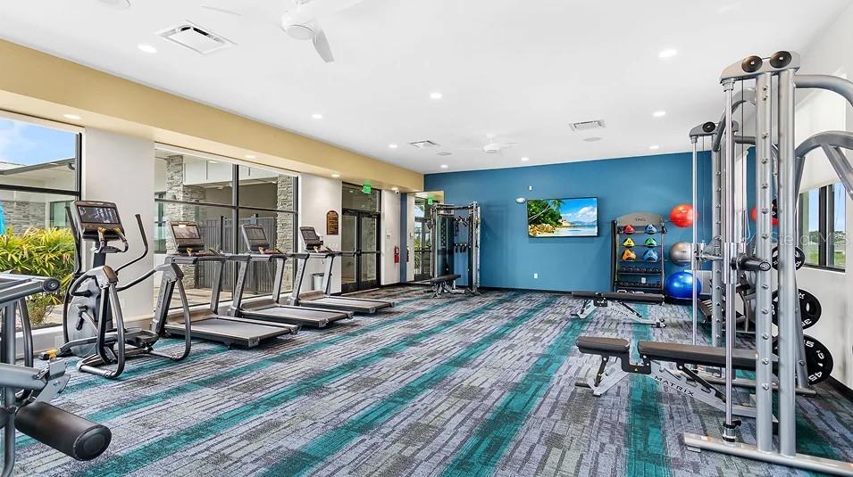 A modern fitness center features various exercise machines, a television, and blue accent walls — 315 CASTLEVIEW DRIVE, DAVENPORT, FL