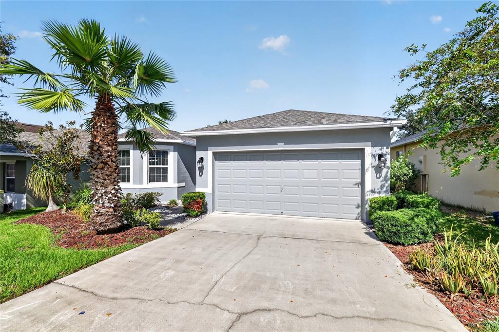 A gray single-story house features a two-car garage, a palm tree, and a concrete driveway — 345 RED KITE DRIVE, GROVELAND, FL