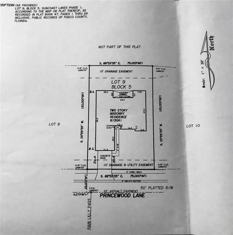 This is a property survey map showing the lot boundaries and building footprint for a residence — 15041 PRINCEWOOD LANE, LAND O LAKES, FL