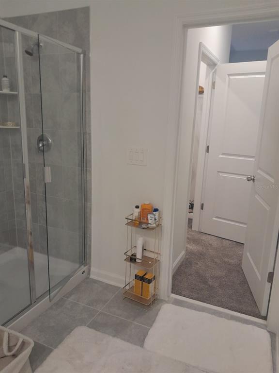 A bathroom features a glass-enclosed shower, a three-tier metal shelf, and a doorway to carpet — 113 BOGEY DRIVE, DAVENPORT, FL