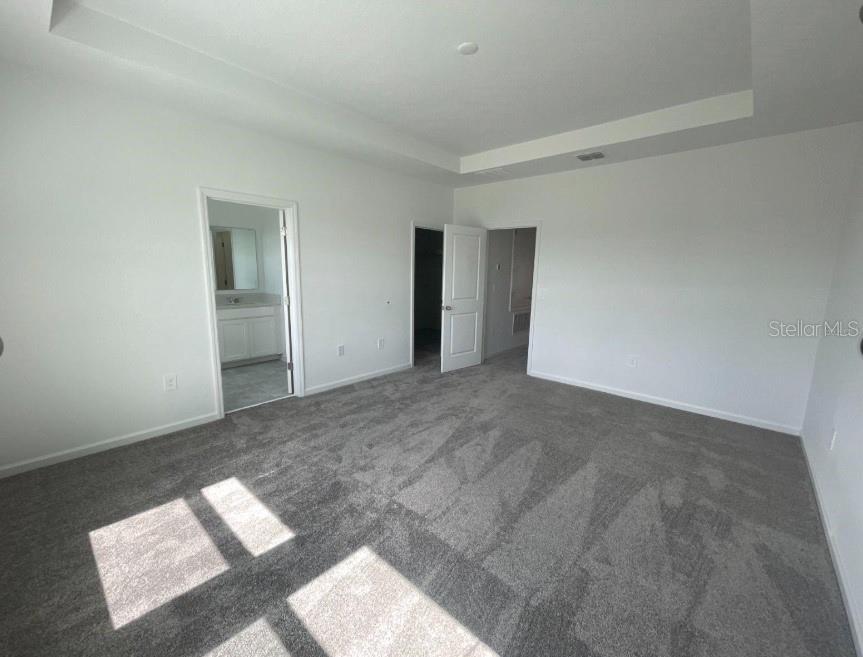 A carpeted bedroom features a tray ceiling, a walk-in closet, and an attached bathroom — 2837 PIERR STREET, DAVENPORT, FL