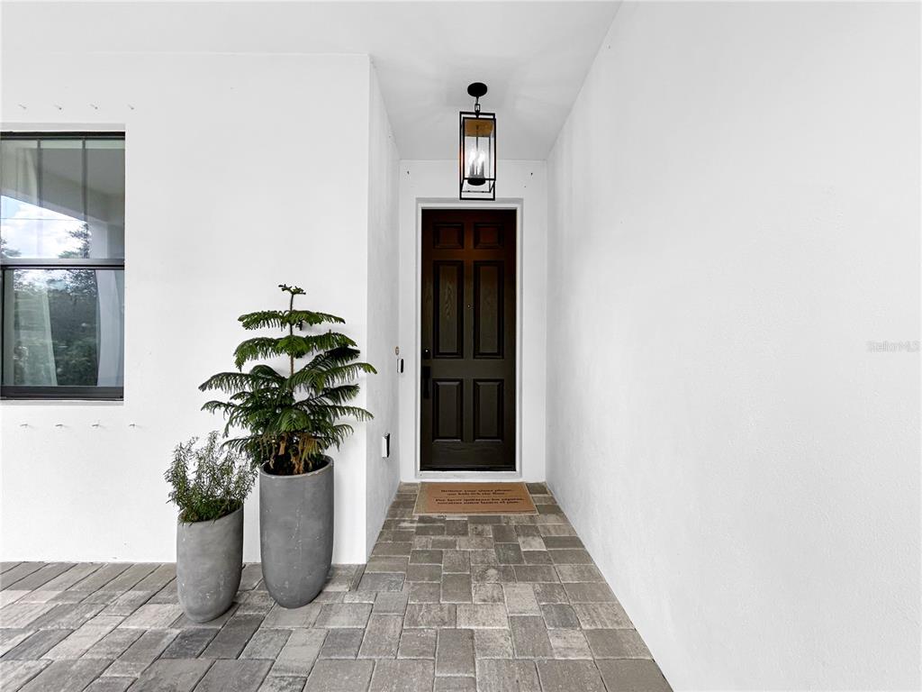 A dark front door sits under a hanging lantern on a paved porch with potted plants — 12207 MARJORY AVENUE, TAMPA, FL