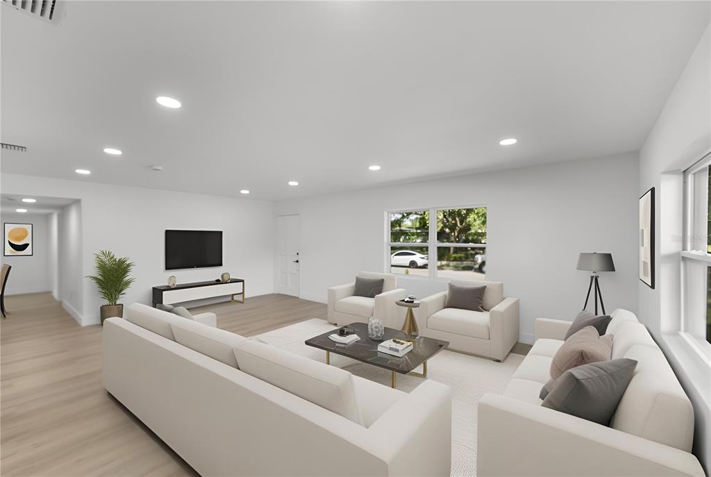 This is a digital rendering of a modern living room with white furniture and light flooring — 3118 PICKFAIR STREET, ORLANDO, FL