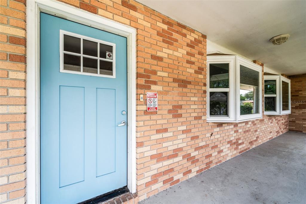 A light blue front door sits on a brick porch next to two bay windows — 710 DEBRA LYNNE DRIVE, BRANDON, FL