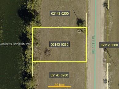 This aerial map shows a rectangular vacant lot highlighted in yellow next to a road — 1804 NE 10th Pl, Cape Coral FL 33909, CAPE CORAL, FL