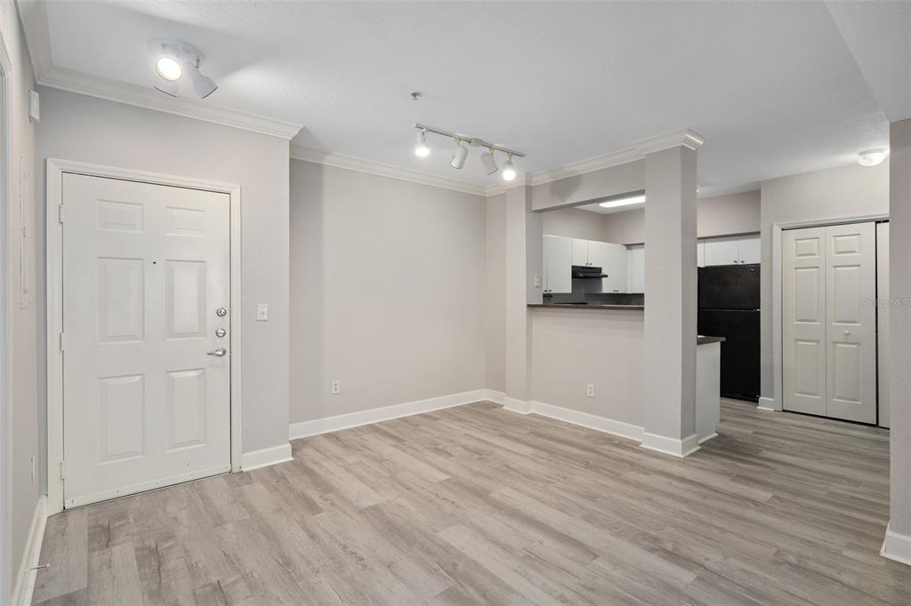 An interior view of a room with light wood-look flooring, white walls, and a kitchen pass-through — 206 E SOUTH STREET UNIT 6007, ORLANDO, FL