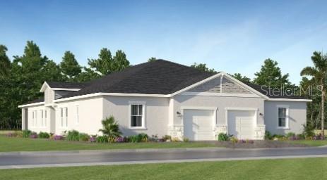 A digital rendering of a single-story duplex home with two garages and a light-colored exterior — 4246 ST THOMAS WAY, KISSIMMEE, FL