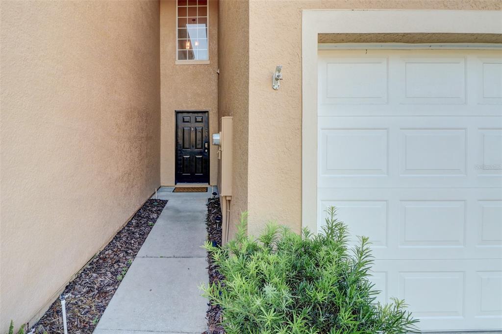 A concrete walkway leads to a black front door beside a white garage door — 16305 FAIRFORD PALMS COURT, TAMPA, FL
