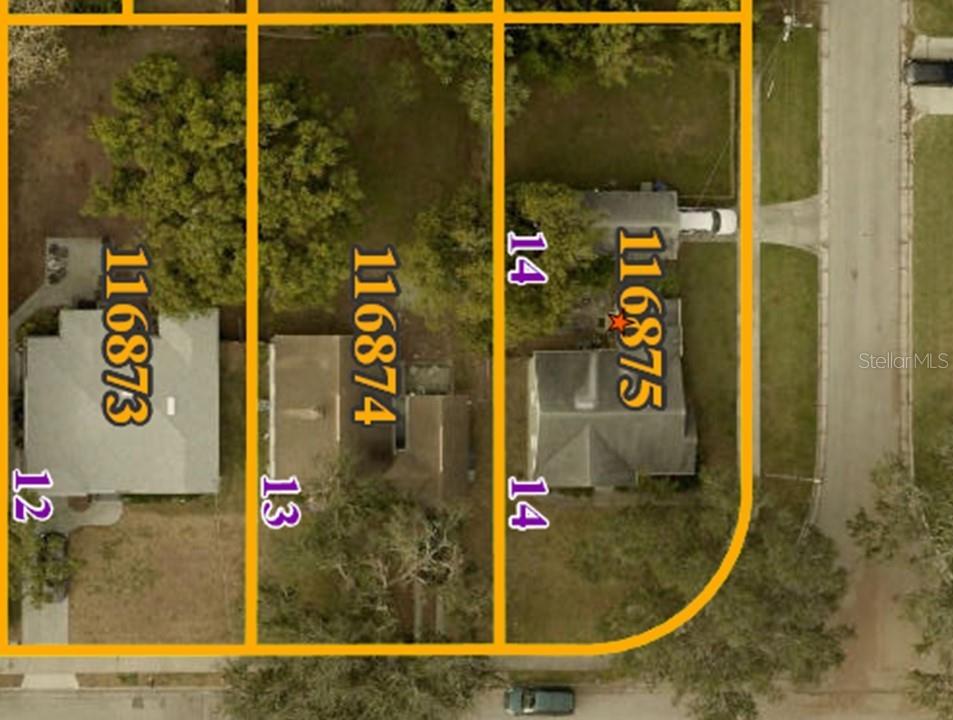 This is an aerial map showing three adjacent residential lots with houses and property boundaries — 301 S AUDUBON AVENUE, TAMPA, FL