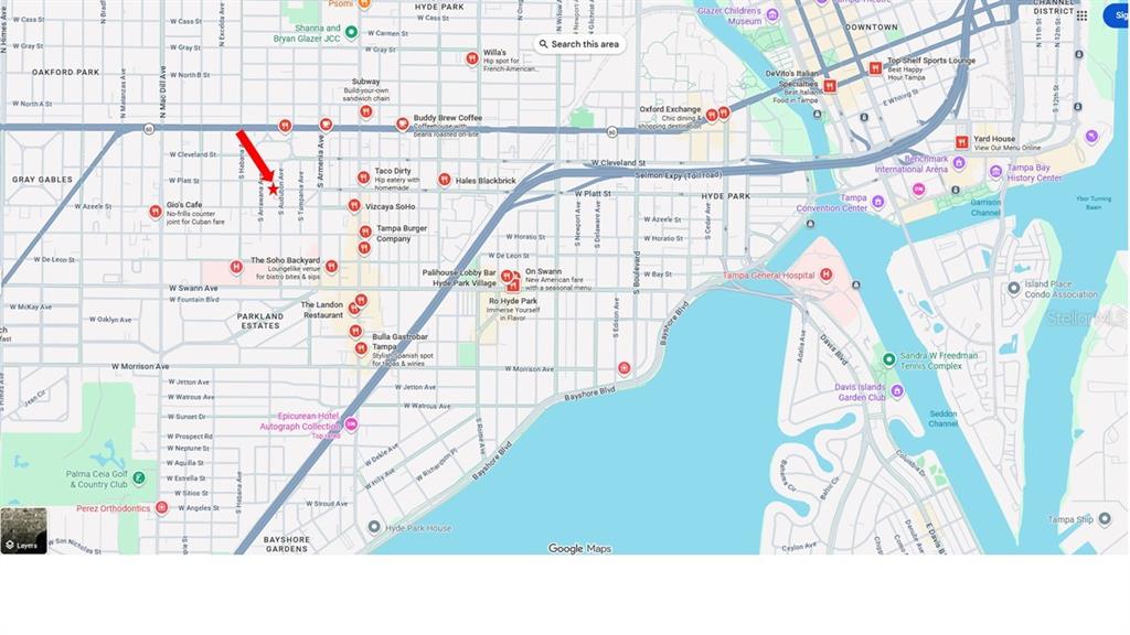 This image is a map showing the Hyde Park area of Tampa, Florida — 301 S AUDUBON AVENUE, TAMPA, FL