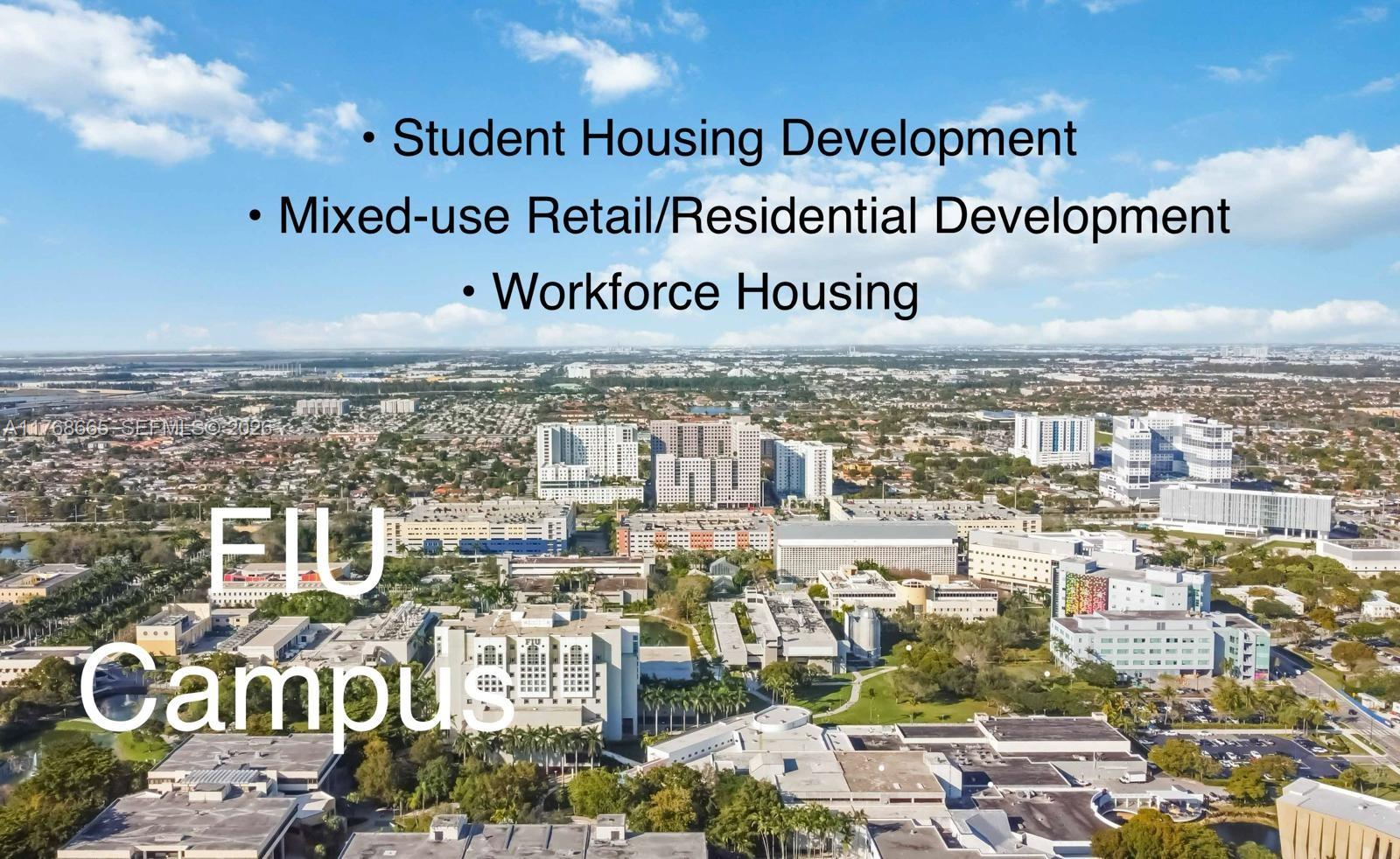 An aerial view shows the Florida International University campus surrounded by suburban development and buildings — 10904 SW 2nd, Sweetwater FL 33174, SWEETWATER, FL
