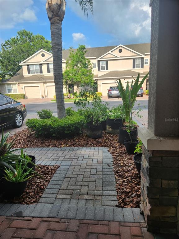 A paved walkway leads through a landscaped front yard toward a multi-story residential building — 3901 SILVERLAKE WAY, WESLEY CHAPEL, FL